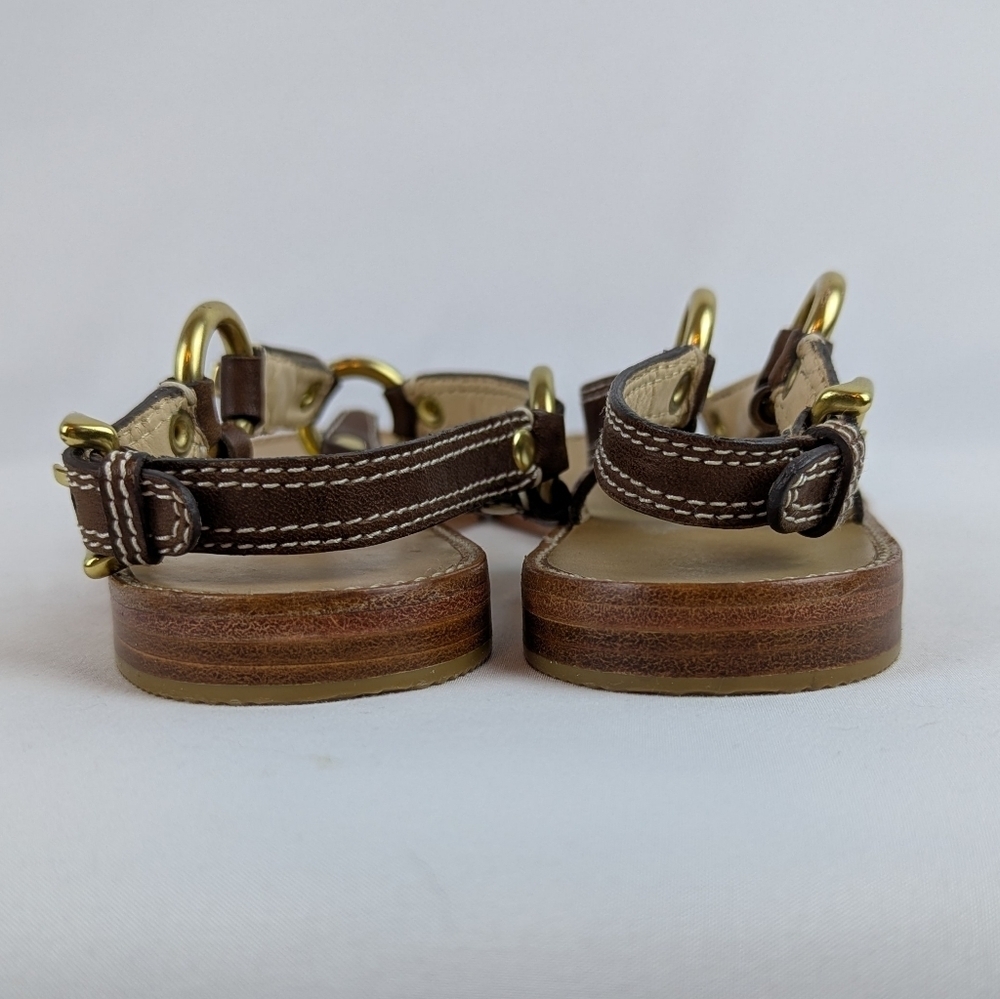 Coach Raiven Sandal Leather Flat Thong Ankle Strap Goldtone Tobacco 8.5 NWOB - Picture 9 of 14
